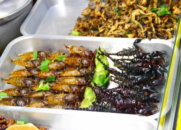 тараканы и скорпионы на рынке в Таиланде